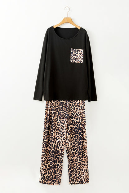 Black Leopard Patched Pocket Long Sleeve Top Plus Size Pajama Set