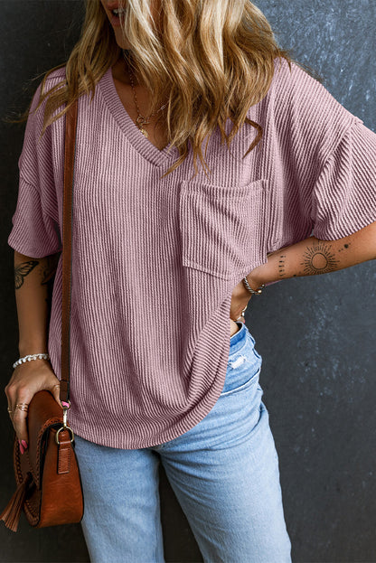 Camiseta de manga caída con bolsillo y cuello en V de canalé negra