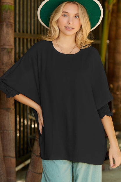 Blusa informal lisa con mangas de murciélago y puños fruncidos albaricoque