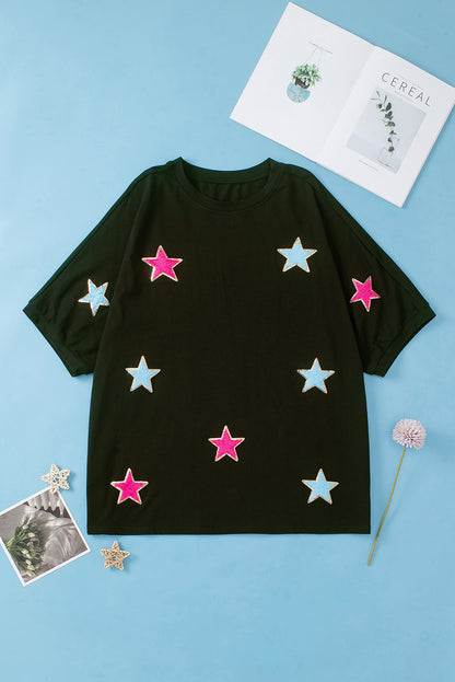 Camiseta de talla grande con estampado de estrellas de chenilla y lentejuelas negras