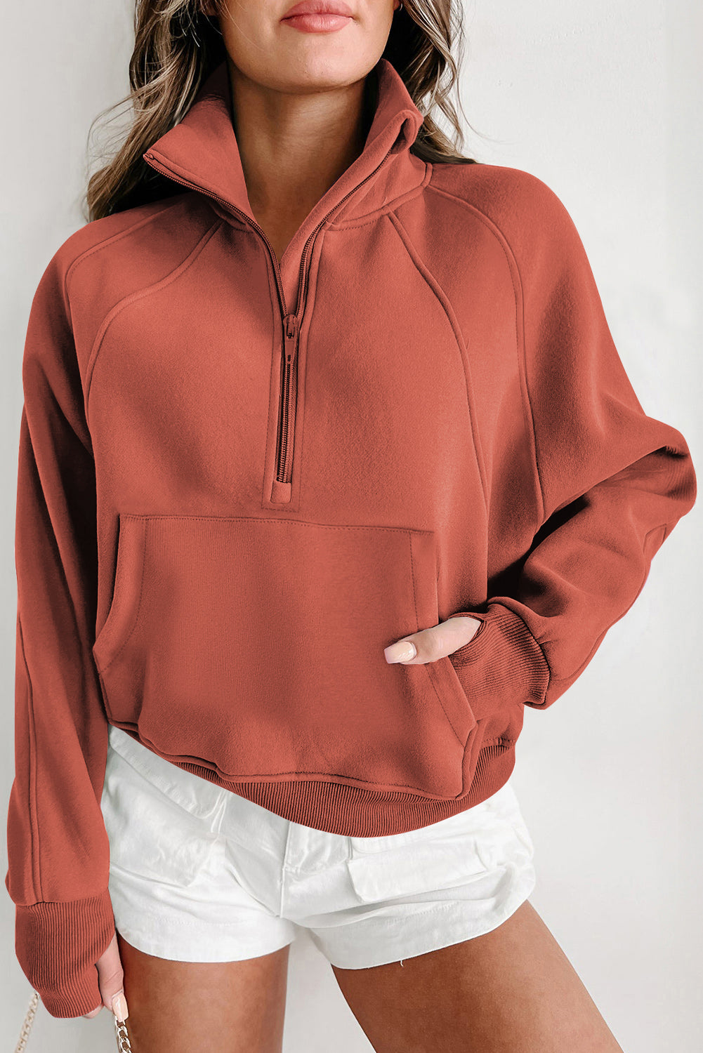 Brown Zip Up Stand Collar Thumbhole Sleeve Sweatshirt - Cowaa
