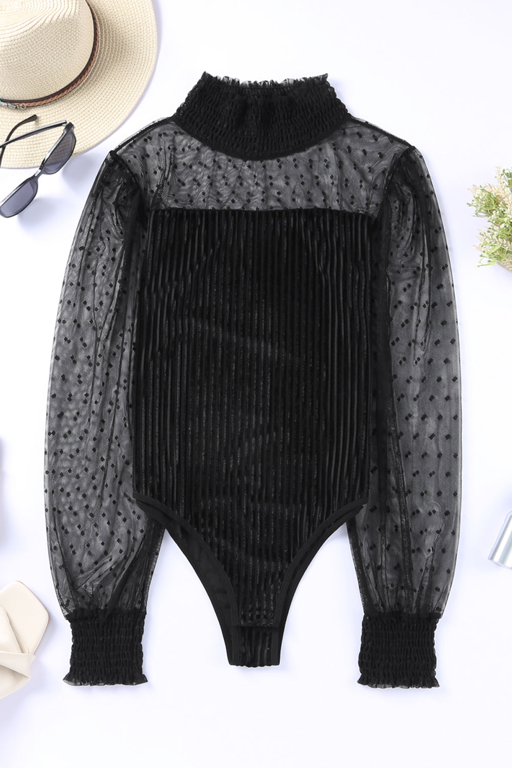 Sheer Dotty Puff Sleeve Ribbed Velvet Bodysuit