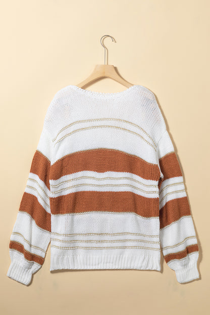 Casual Stripe Knit Puff Sleeve Sweater