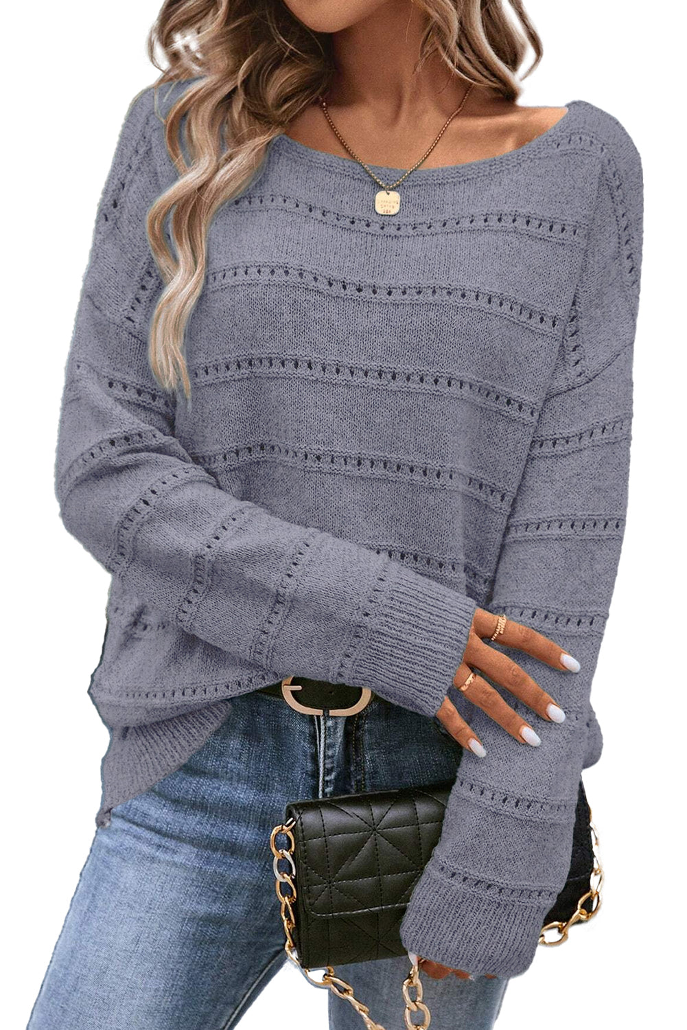 Boat Neck Drop Shoulder Pointelle Knit Sweater