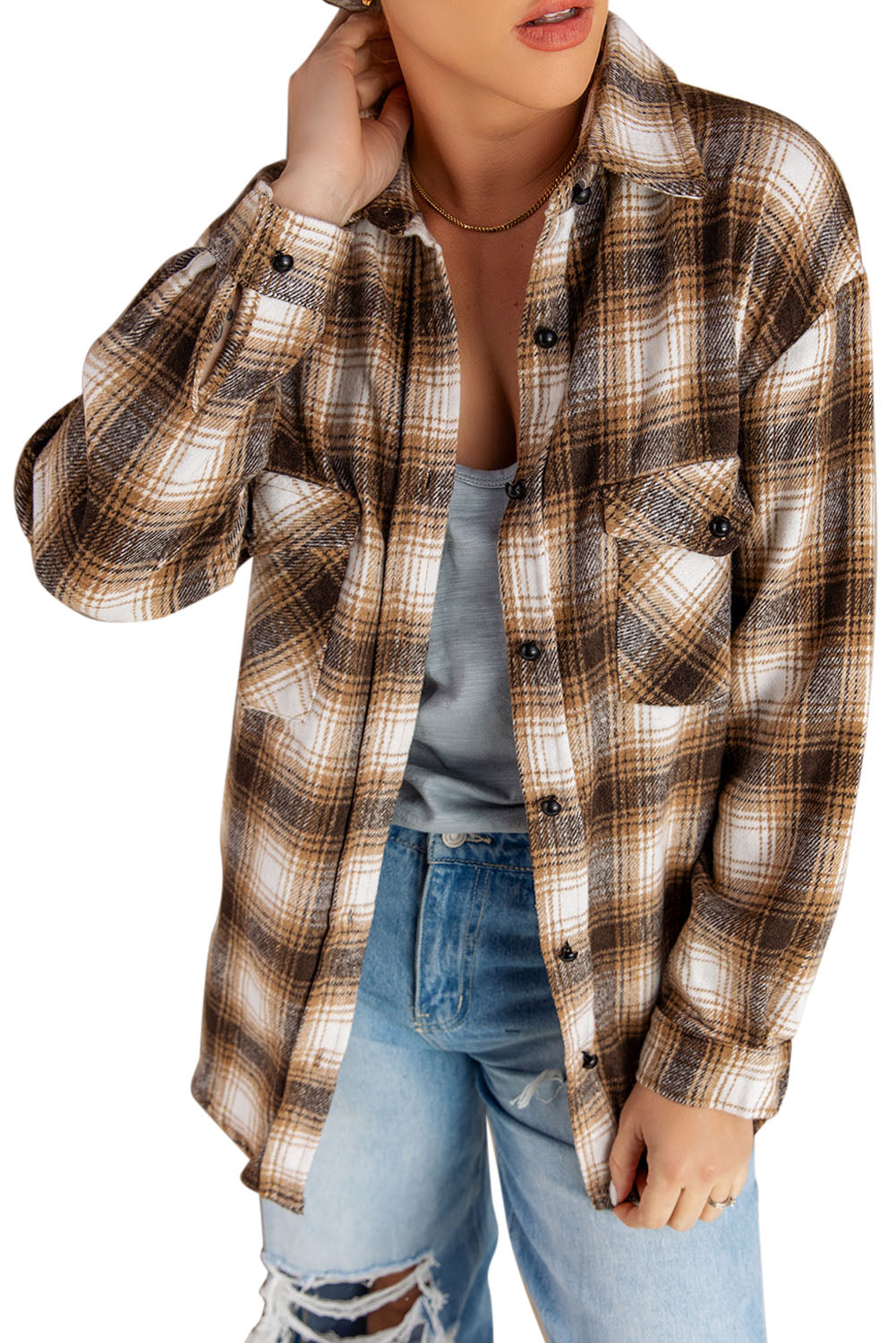 Button Up Collared Flannel Shirt Shacket with Flap Pockets