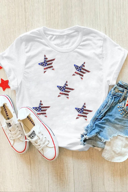 Camiseta blanca con estampado de estrella y bandera americana de lentejuelas