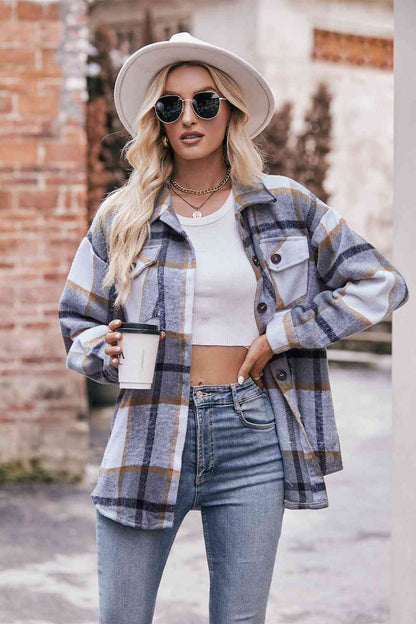 Plaid Long Sleeve Shirt Jacket with Pockets