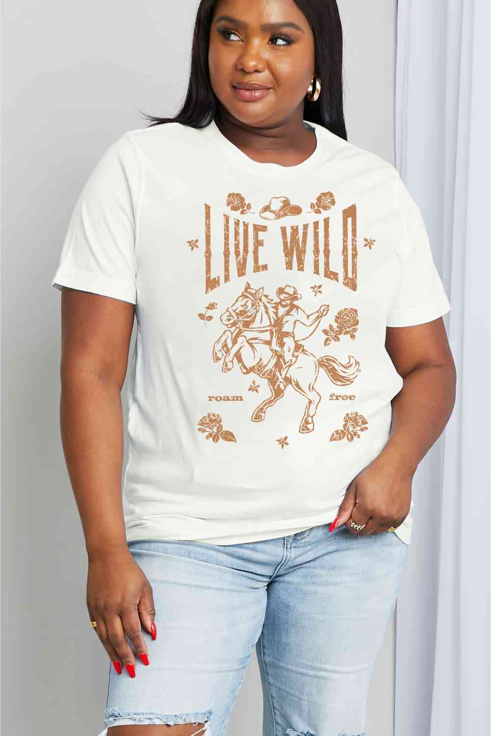 Simply Love Camiseta de algodón con gráfico LIVE WILD ROAM FREE de tamaño completo Simply Love