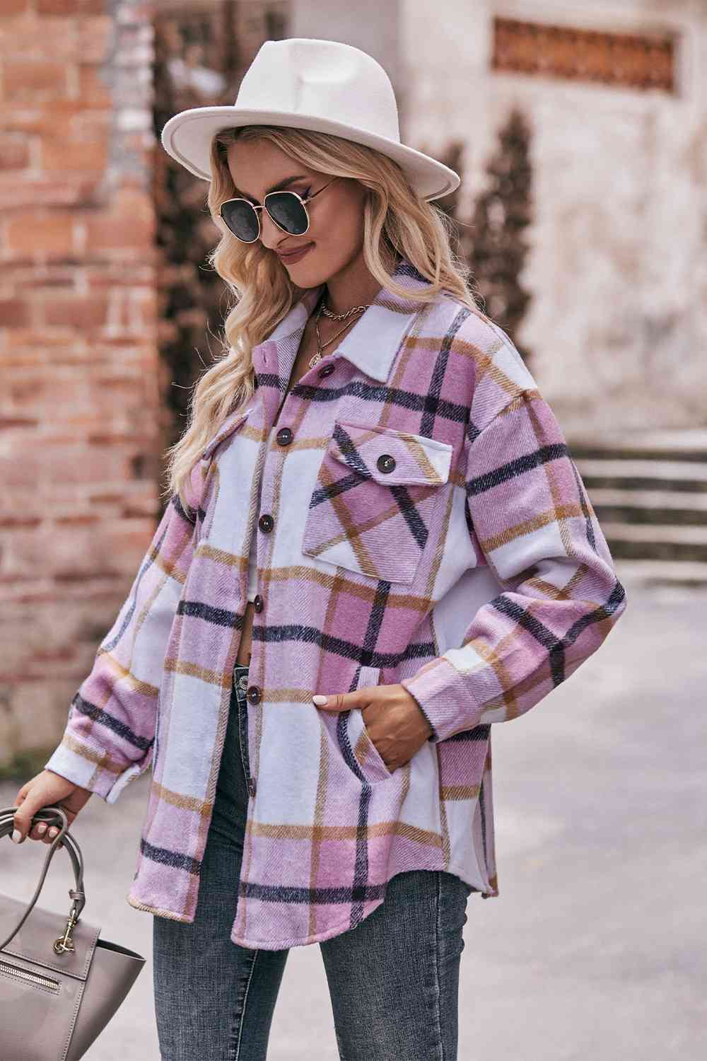 Plaid Long Sleeve Shirt Jacket with Pockets