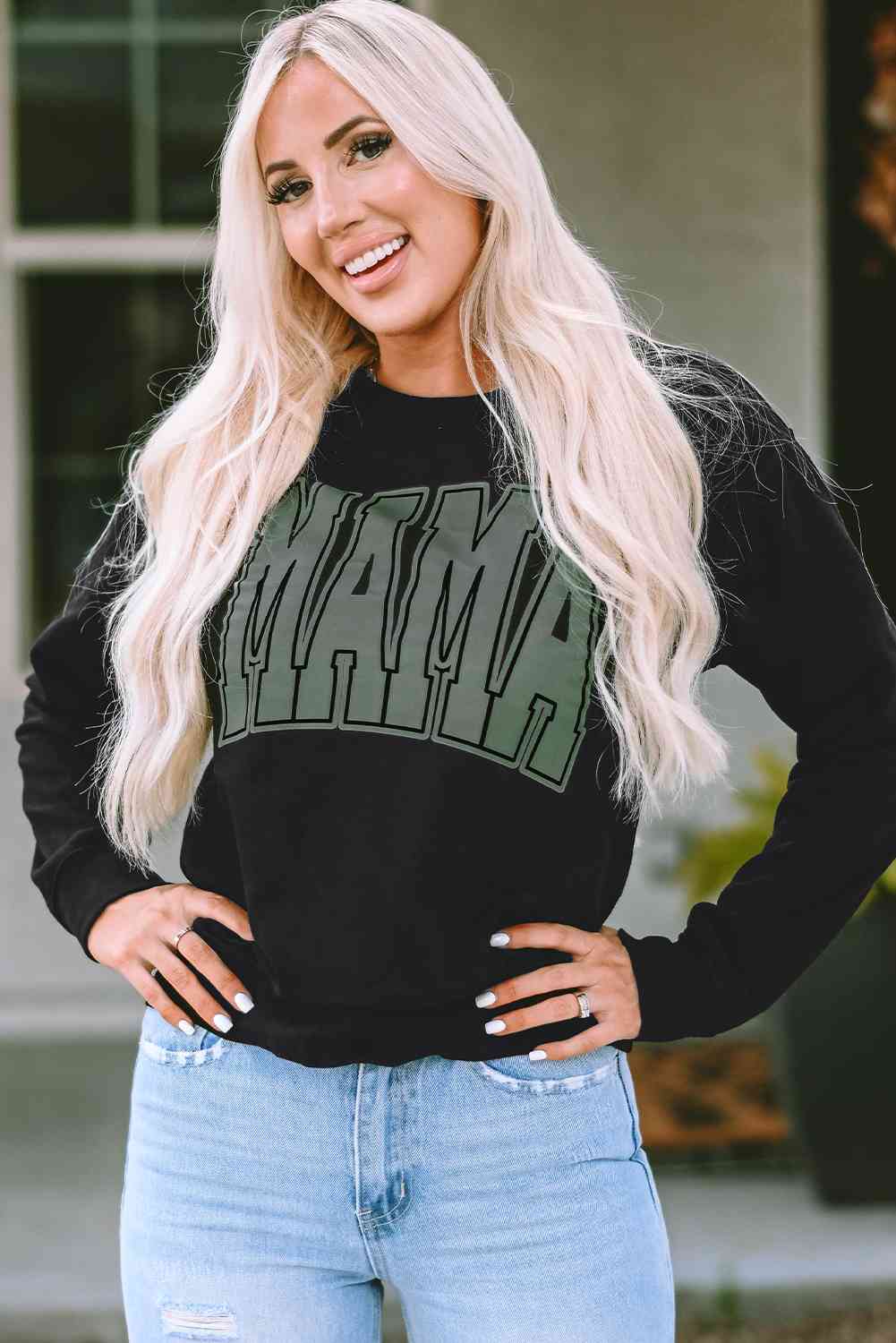 Sudadera con gráfico MAMA de manga larga y cuello redondo