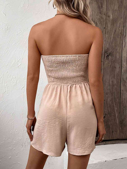 Decorative Button Smocked Strapless Romper