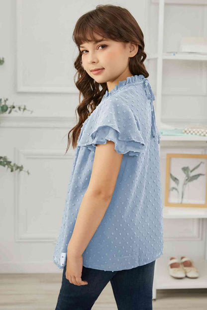 Blusa fruncida con mangas acampanadas y lunares suizos para niñas