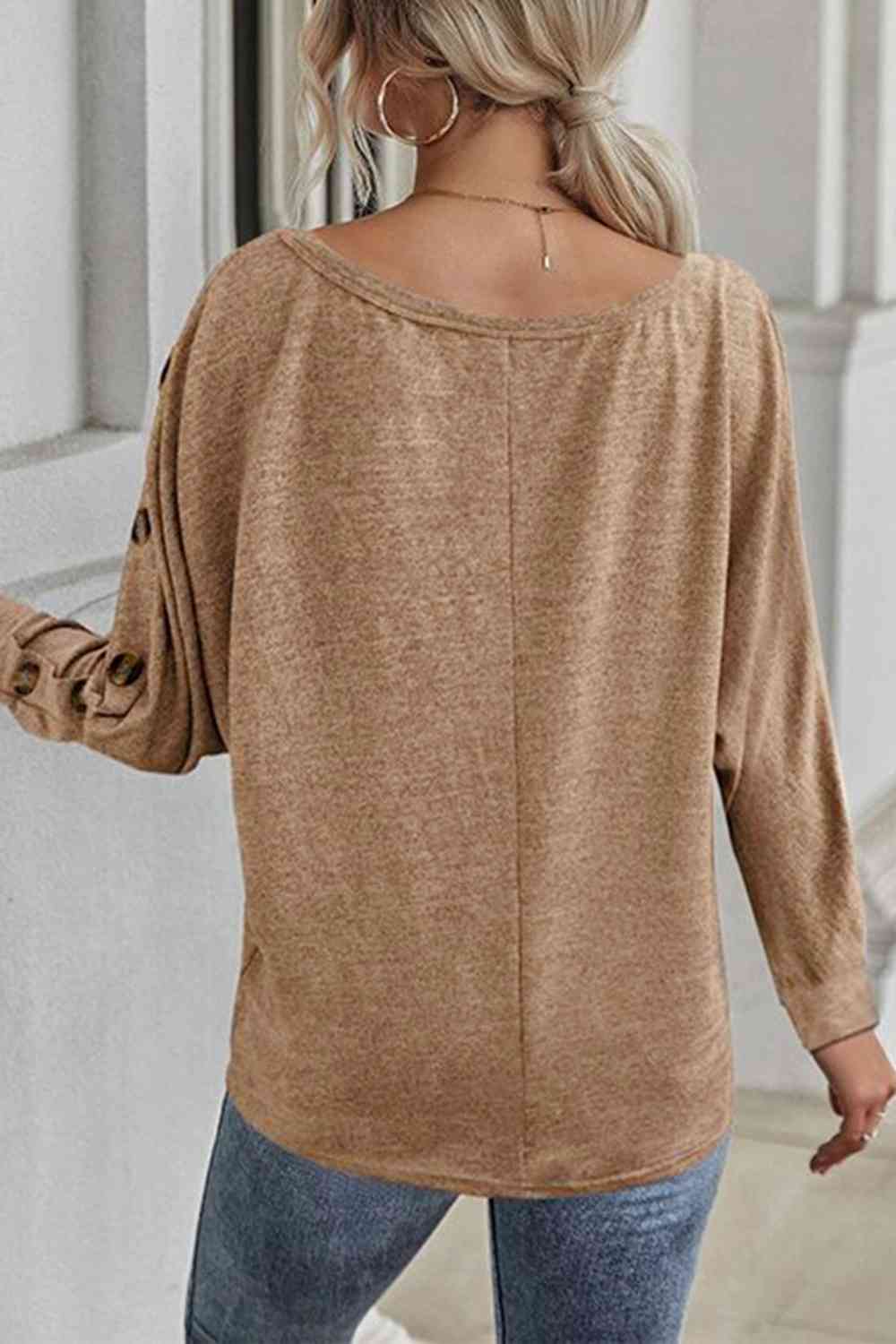 Boat Neck Buttoned Long Sleeve T-Shirt