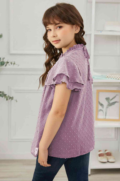 Blusa fruncida con mangas acampanadas y lunares suizos para niñas