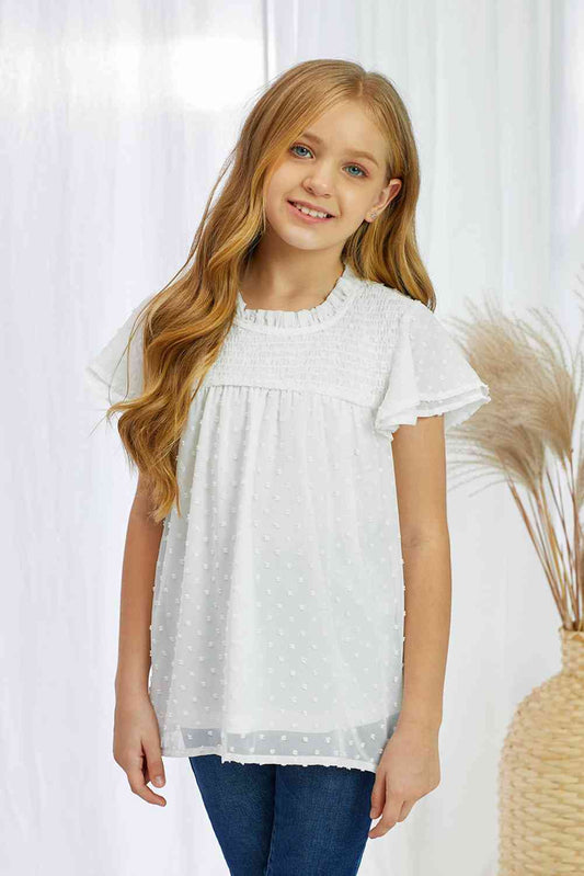 Blusa fruncida con mangas acampanadas y lunares suizos para niñas