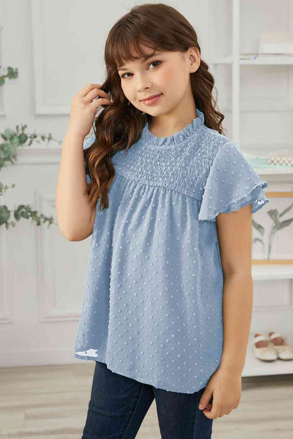 Blusa fruncida con mangas acampanadas y lunares suizos para niñas