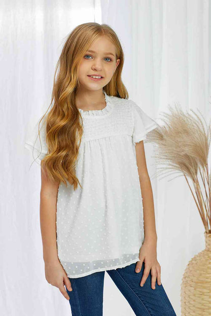 Blusa fruncida con mangas acampanadas y lunares suizos para niñas