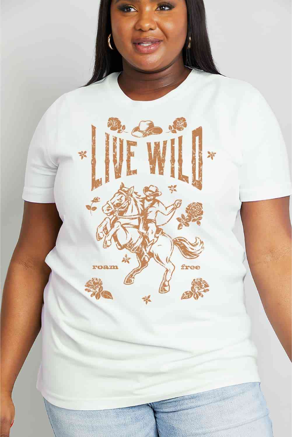 Simply Love Camiseta de algodón con gráfico LIVE WILD ROAM FREE de tamaño completo Simply Love