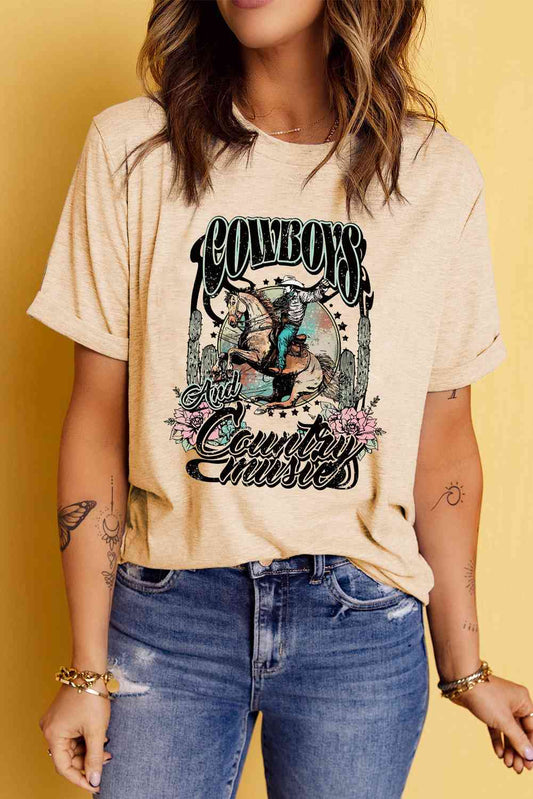 Camiseta con gráfico vaquero de manga corta y cuello redondo