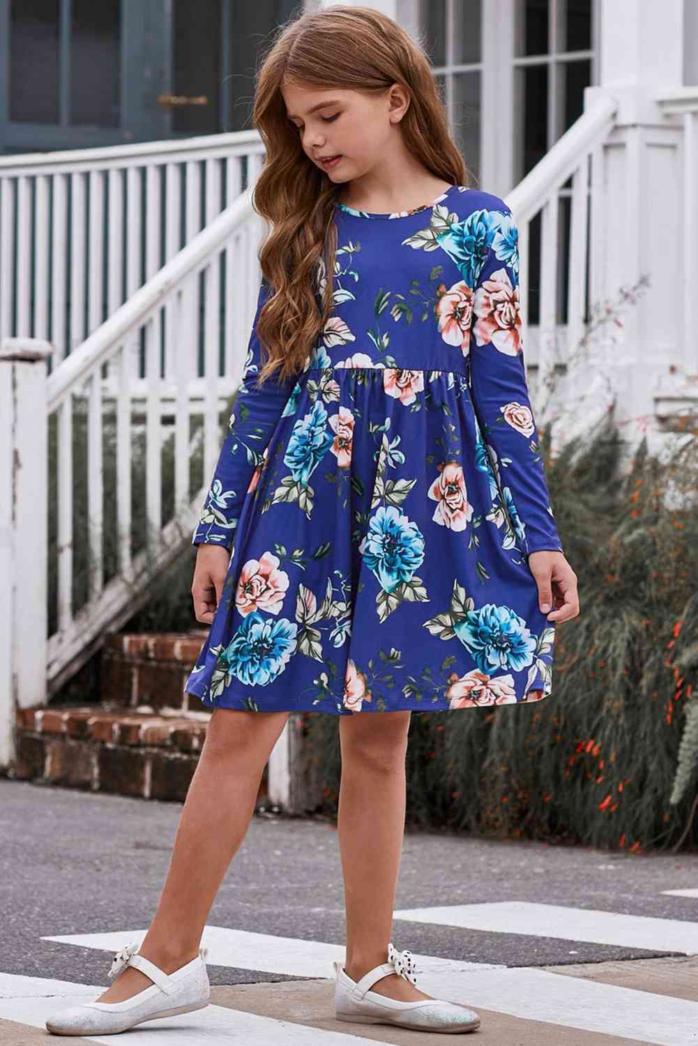 Vestido Niña Floral Manga Larga con Bolsillos