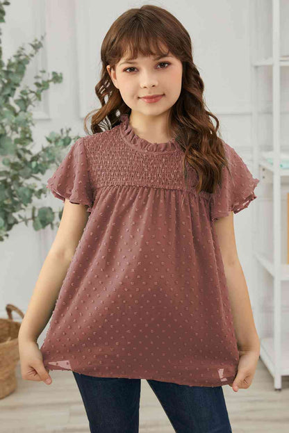 Blusa fruncida con mangas acampanadas y lunares suizos para niñas