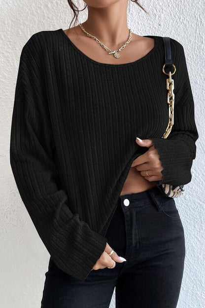 Ribbed Round Neck Drop Shoulder Long Sleeve Top